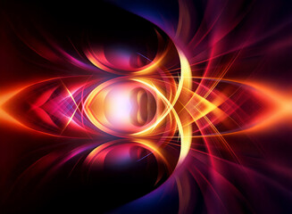 Vibrant abstract design with flowing curved shapes in shades of orange, red, yellow, and purple, emanating from a central bright point against a dark backdrop.