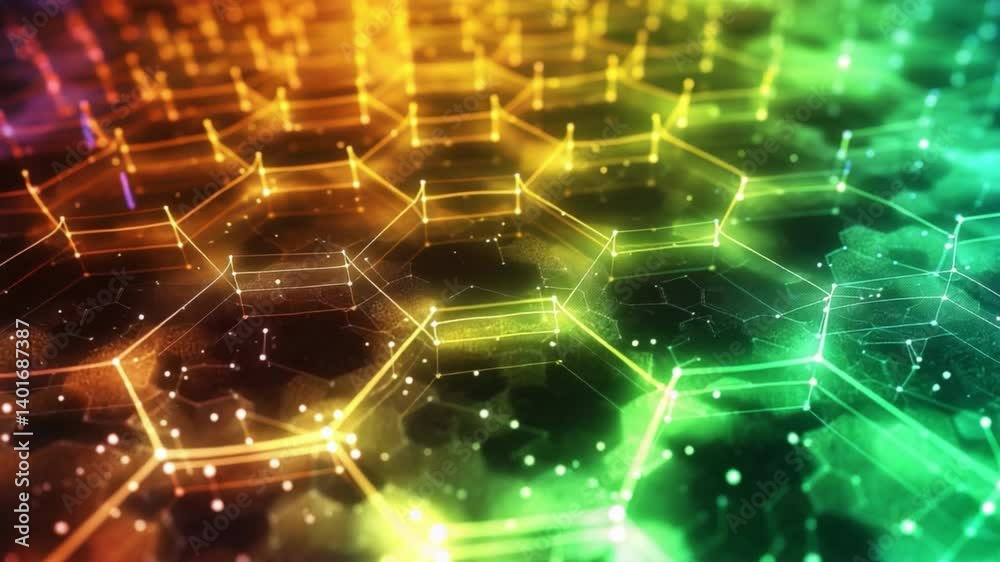 Poster vibrant abstract background with glowing hexagonal pattern and colorful lines digital technology sho