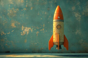 Rocket Launch Illustration - Minimalist Toy Rocket Taking Off in Blue Background