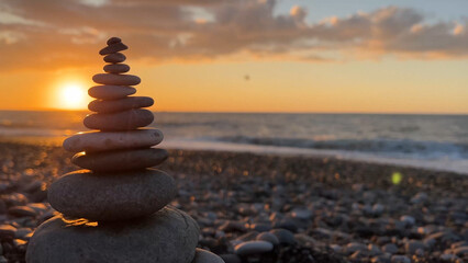 Mobile photo. Black sea shore. Stone small rock tower on pebble beach. Setting sun at sunset, waves, coast. Concept of calm, yoga, travel, relax, zen, spa, rest, life. Ocean view. Row. Copy space