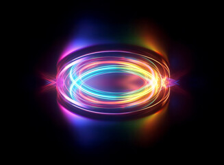 Obraz premium A luminous ring of rainbow hues radiates against a stark black backdrop. Abstract light trails curve and swirl to form an oval shape, emitting a vibrant and colorful glow.