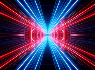 Fototapeta premium Abstract neon tunnel with converging red and blue light trails creates a futuristic and dimensional perspective in a dark setting.