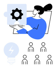 Woman holds gear puzzle piece. Light bulb and group figures below highlight innovation, teamwork, and problem-solving. Ideal for business, teamwork, innovation, creativity, strategy, leadership