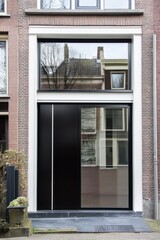 A contemporary black door beautifully framed by expansive windows is set within a historic building in a charming Amsterdam neighborhood, basking in the daylight