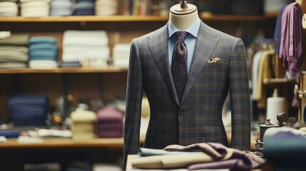 A meticulously crafted tailored suit displayed in a high-end men's clothing store.