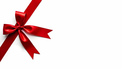 A vibrant red satin ribbon, tied into a perfect bow, diagonally graces a pristine white backdrop.  The image offers a clean, elegant aesthetic, ideal for various design applications.