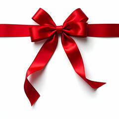 A vibrant red satin ribbon is tied into a perfect bow, elegantly presented against a clean white background.  The image is simple, yet striking, ideal for various design applications.