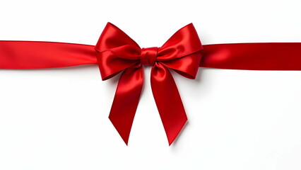 A vibrant red satin ribbon, elegantly tied into a perfect bow, rests against a pristine white background.  The image is clean, simple, and ideal for festive occasions.