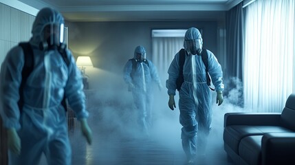 Protective personnel disinfecting a room filled with fog.