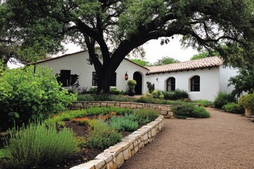 The stunning exterior of a charming white adobe house is beautifully showcased amidst lush, vibrant gardens, all set in the picturesque countryside on a bright, sunny day