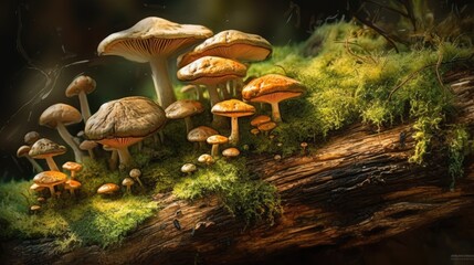 Fototapeta premium A bunch of mushrooms are on a log