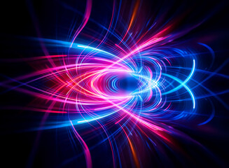 Obraz premium Abstract image with vibrant pink and blue light streaks converging towards the center, creating a dynamic and energetic composition against a dark backdrop.