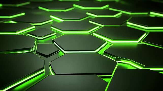 Geometric hexagons with glowing green light, creating a tech-like and modern patterned surface