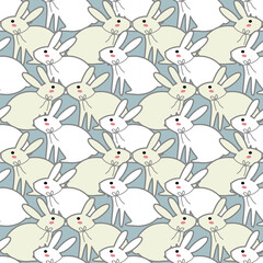 Soft Pastel Bunny Repeat Pattern: Cute Rabbits in Cream and White on Light Blue, Gentle Textile Design, Ideal for Children's Products & Spring Decor