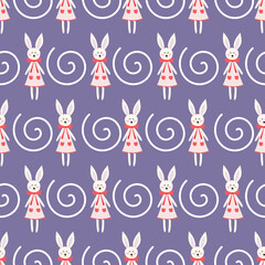 Whimsical Bunny & Swirl Repeat Pattern: Cute Rabbits in Pink Dresses with White Spirals on Lavender Background, Playful Textile Design for Children & Spring