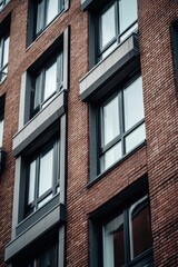 Fototapeta premium Modern brick building with large windows in an urban setting showcasing contemporary architectural design and materials during daylight hours