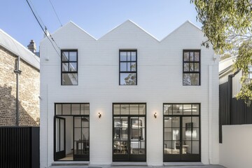 Fototapeta premium Modern architectural design showcases a white building with large windows and a gabled roof, situated in an urban setting during daylight hours highlighting its minimalistic features