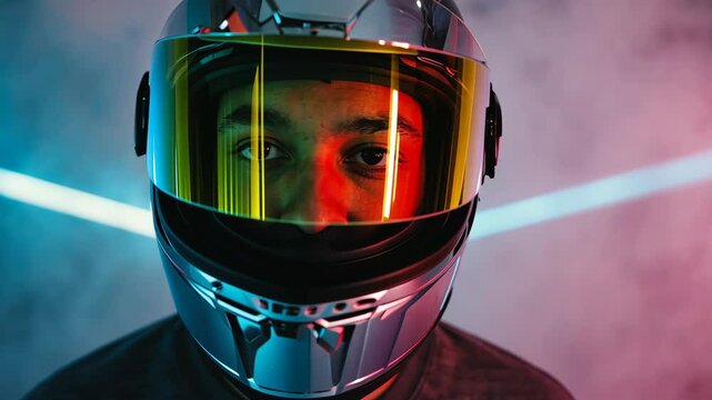 Intense close-up of a helmeted rider, vivid colors, reflecting light, conveying speed and futuristic technology, safety gear, and determination