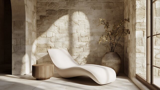 A modern, minimalist lounge area featuring a sleek white chaise longue and a decorative plant in a stone-walled setting illuminated by soft natural light creating a serene atmosphere