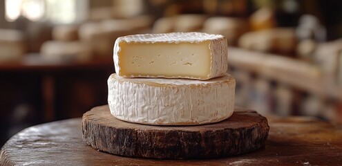 Soft Cheese on Wooden Surface Rustic Still Life Natural Lighting Textures Detail