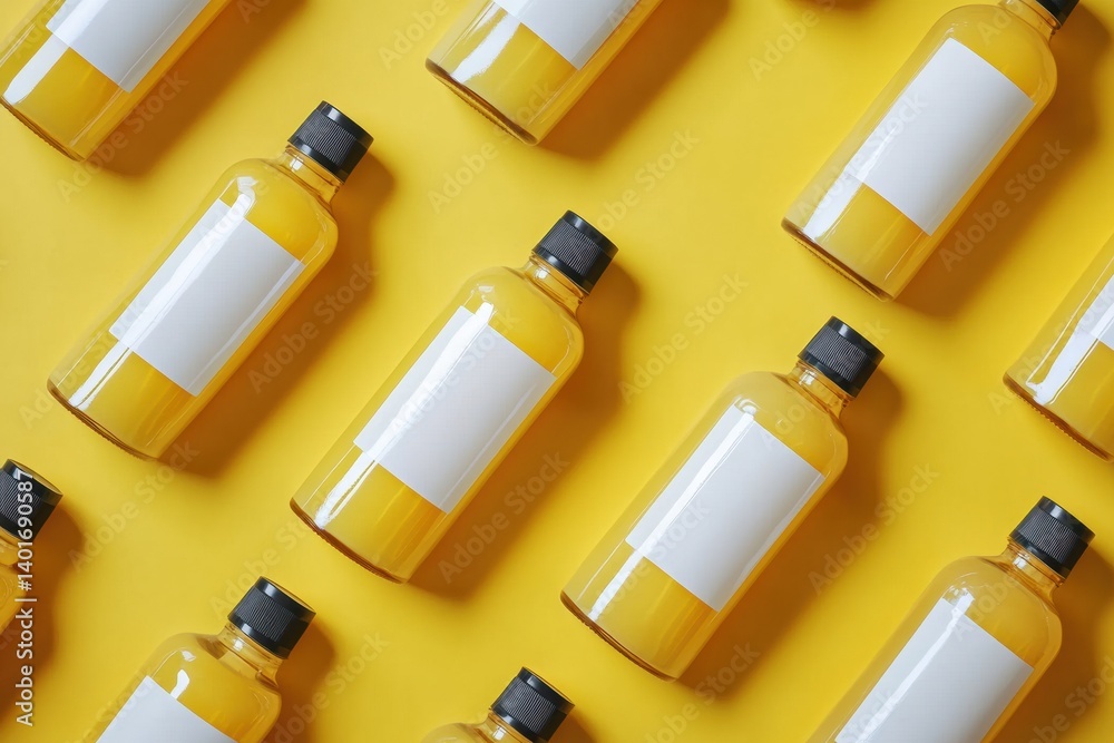 Poster pet shampoo bottles displayed on a bright yellow background with clean labels and modern packaging r