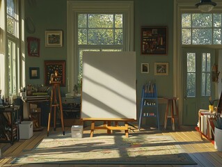 Obraz premium Sunlit artist's studio interior with blank canvas, easel, paintbrushes, and artwork.