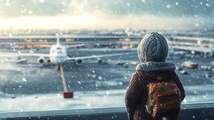 A person standing with a backpack at an airport during a snowy day, looking at planes amidst falling snowflakes and a moody sky