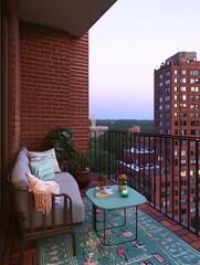 Relaxing evening on a cozy urban balcony with city views.