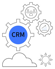 CRM gear surrounded by people, growth chart, cloud, and sun elements representing connection, customer success, teamwork, business strategy, data management, innovation and positive impact in a flat