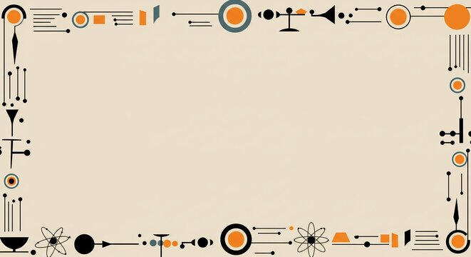 Nostalgic retro mid century modern style border with circles, atomic shapes, and playful lines on a soft background. For retro themed branding, invitations, packaging, or creative marketing projects.