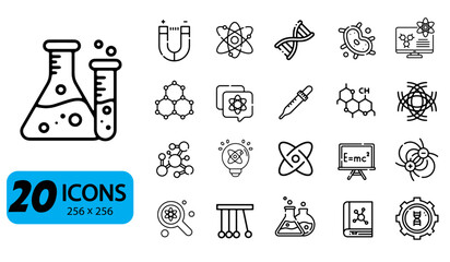 Set of 20 Science progress Icons, Outline Style, 256x256 Pixels