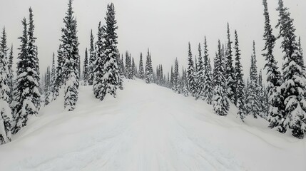 Naklejka premium Snow-covered path winds through a dense forest of evergreen trees on a snowy day. A serene winter landscape.