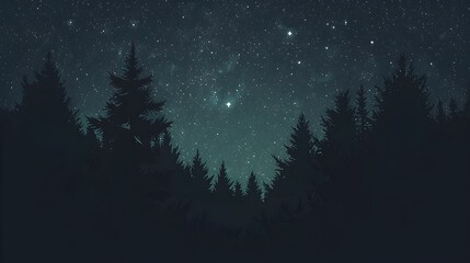 Naklejka premium Starry Night Forest. Silhouette of pine trees against a night sky full of stars. Perfect for backgrounds, websites, and design projects.