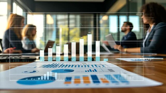 A business team analyzes charts during a meeting, showing growth and progress in the office