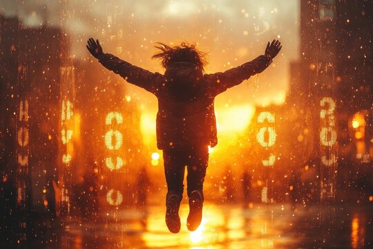 Silhouette of a Woman Jumping at Sunrise with 2025 in Focus for New Year Celebration