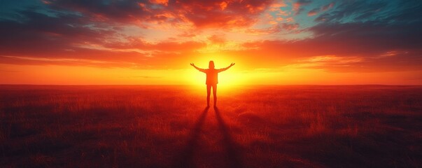 2025 Silhouette of Person with Arms Raised in Desert Sunset Landscape