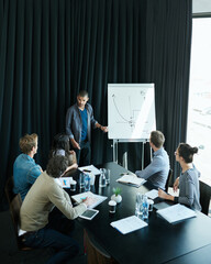 Man, presentation and employees in boardroom for meeting, business planning and white board...