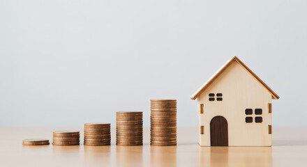 Financial growth concept wooden house model next to ascending stacks of coins property investment idea