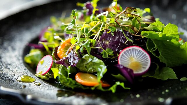 Fresh gourmet salad presentation: vibrant vegetables and microgreens in gastronomic display