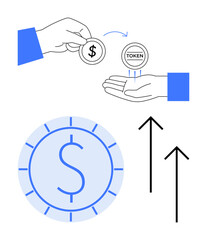 Hand exchanging dollar coin for digital token, large dollar coin with rising arrows. Ideal for finance, cryptocurrency, digital economy, investments, blockchain, growth payment system. Minimalist