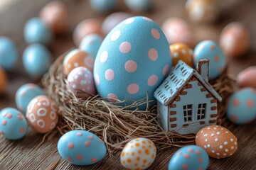 Easter Celebration with Pastel Eggs, Colorful Candy, and Spring Nesting