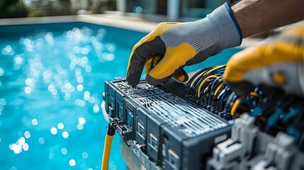 A technician in protective gloves works on an electrical control panel near a swimming pool.