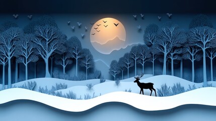 Christmas Winter Forest Scene with Deer Santa and Reindeer in Minimalist Paper Cut Art