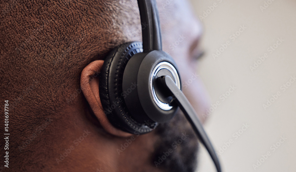 Aufkleber man, back and call centre agent with headset, head and customer service support or employee operator