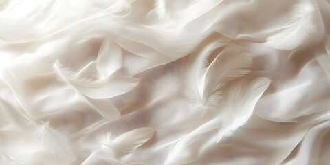 Fototapeta premium Soft White Feathers Against Silky Background, Elegant Feather Design, Subtle and Dreamy Feather Art, Gentle Feather Theme, Calming Imagery