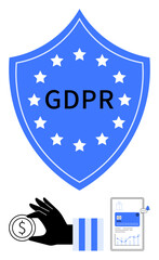 Blue shield with GDPR text and stars, hand holding coin, document with charts, and barcode. Ideal for data protection, online security, digital marketing, compliance, finance analytics privacy law