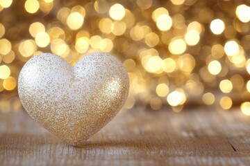 Fototapeta premium Heart-shaped object on wooden table with glowing lights in the background.
