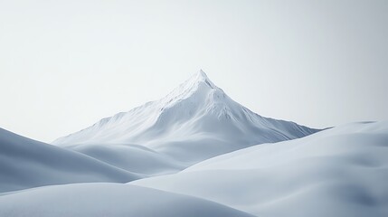Serene landscape featuring snow-covered mountains under a clear sky, showcasing soft white peaks and gentle slopes that blend into an endless layer of snow