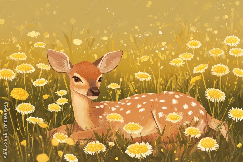 Poster peaceful deer resting in a field of dandelions under a soft golden light in lapki nature calm