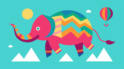 Obraz premium Funky Colors A vibrant illustration featuring a funky stylized elephant with geometric patterns on its body floating high in the air. The oversized balloon covered in bright zigzag